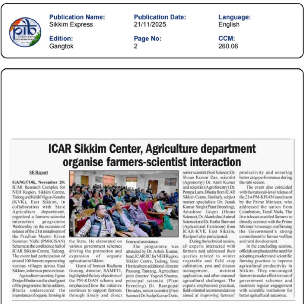 ICAR Sikkim Center, Agriculture department organise farmers-scientist interaction