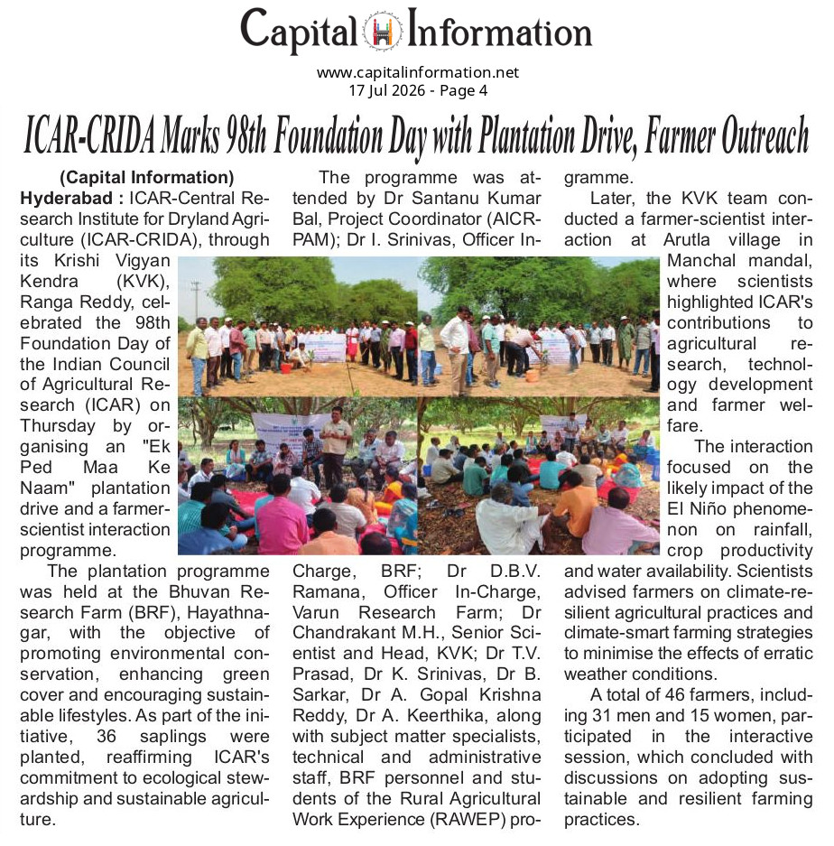 ICAR-CRIDA Marks 98th Foundation Day with Plantation Drive, Farmer Outreach