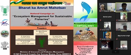 10th July, 2021, Patna The ICAR-Research Complex for Eastern Region, Patna, Bihar in collaboration with the Department of Fisheries, Government of Bihar and NSPAAD Project organized a Webinar on “Ecosystem Management for Sustainable Fisheries” on the occasion of the “National Fish Farmers’ Day - 2021” today. In his welcome address, Dr. Ujjwal Kumar, Director, ICAR-RCER, Patna, Bihar briefed about the programme. Webinar on “Ecosystem Management for Sustainable Fisheries” @ Bharat Ka Amrut Mahotsav Shri Suman Kumar, Joint Director, Mithapur Research Centre, Government of Bihar highlighted the different schemes for the fish farmers under the Government of Bihar The main objective of the programme was to apprise the fish farmers aware about the Wetland Fisheries Management Strategies. A total of 69 farmers and Entrepreneurs participated in the programme. The Webinar was organized as a part of the “Bharat Ka Amrut Mahotsav” to commemorate 75 Years of India’s Independence. (Source: ICAR-Research Complex for Eastern Region, Patna, Bihar)