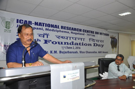 2nd June 2016, Medziphema  ICAR-National Research Centre on Mithun, Medziphema, Nagaland celebrated 28th Foundation Day here today. Dr. K.M Bujarbaruah, Vice Chancellor, Assam Agriculture University Jorhat,Assam, in his foundation day lecture entitled “Livestock Development in North-East Region with special Reference to Mithun” highlighted the gap between the production and demands of meat, milk and egg in the North-Eastern region. He further suggested that mithun can play a significant role in bridging the shortfall provided mithun rearing is considered as an integrated farming system for better economic returns and sustainability.  Foundation Day of ICAR-NRC on MithunFoundation Day of ICAR-NRC on Mithun  Chief Guest also laid the foundation of Central Instrument Facility-cum-Museum. Large numbers of farmers from Nagaland and Meghalaya, and students from the local schools participated in the programme.  ICAR-NRCM launched a special drive for the popularization and increasing the awareness about the scientific mithun rearing and role of mithun in forest conservation by distributing specially designed T-shirts and pasting stickers on the vehicles plying on NH 39.  Dr. Abhijit Mitra, Director,ICAR-NRCM welcomed the dignitaries and apprised about the achievements of the institute. Dr. B.C. Deka, Director, ATARI, Umiam , Barapani, Meghalaya emphasized the role of KVK in the popularization of mithun.  (Source: ICAR-National Research Centre on Mithun, Medziphema, Nagaland )