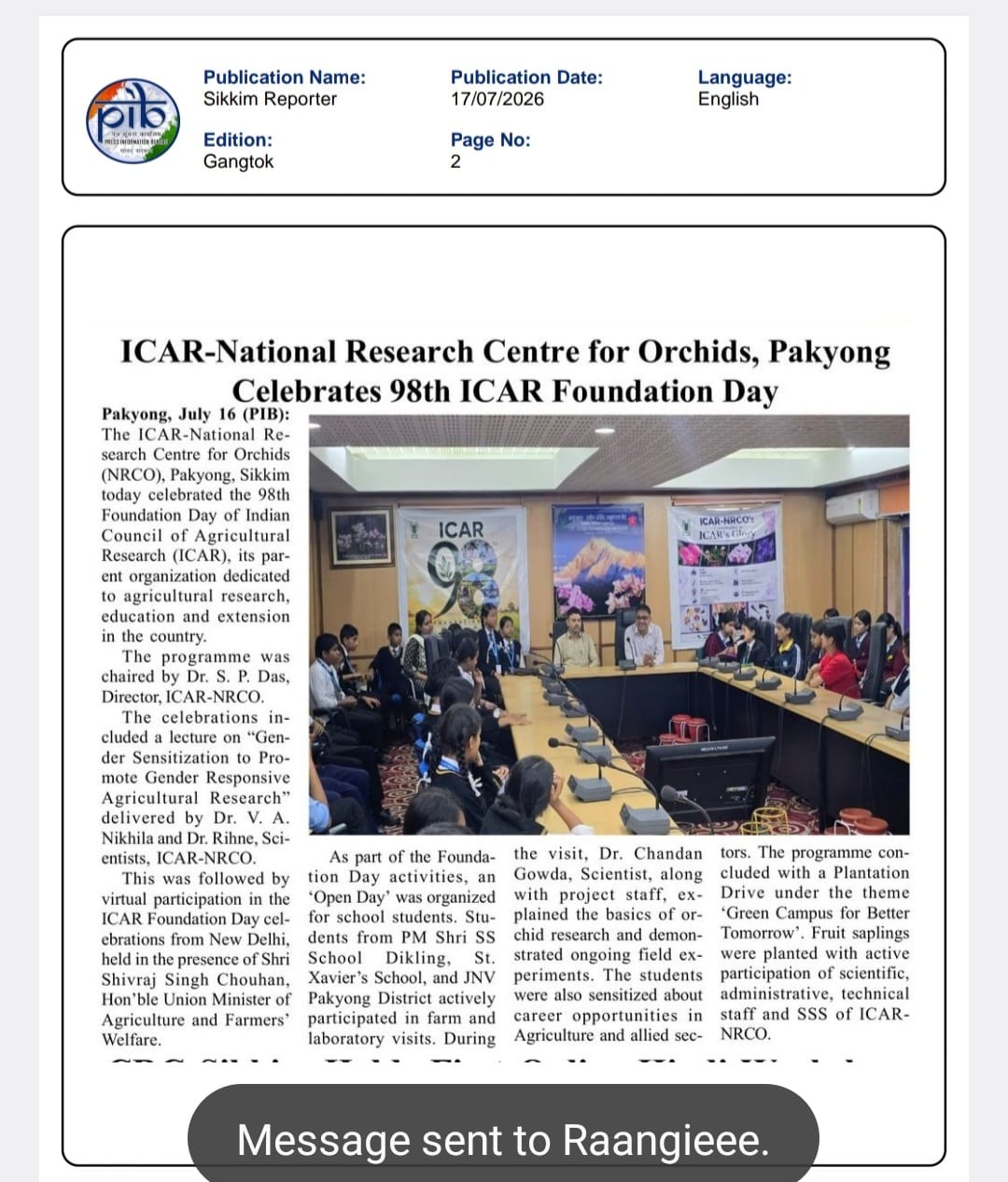 ICAR-National Research Centre for Orchids, Pakyong Celebrates 98th ICAR Foundation Day
