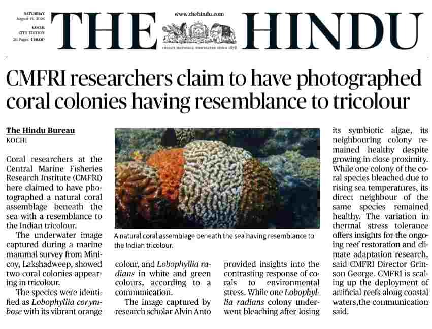 CMFRI researchers claim to have photographed coral colonies having resemblance to tricolour