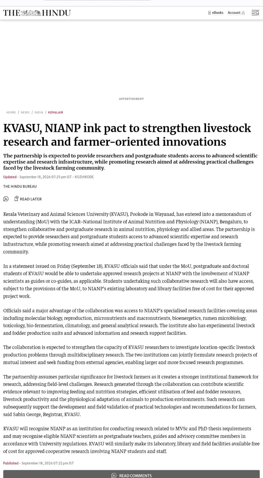 KVASU, NIANP ink pact to strengthen livestock research and farmer-oriented innovations